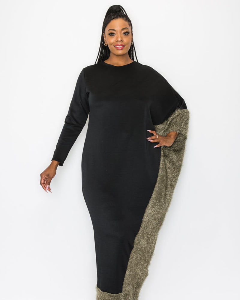 Front of a model wearing a size 1X Amelie Feather Contrast Maxi Dress in Black/Olive by L I V D. | dia_product_style_image_id:244996